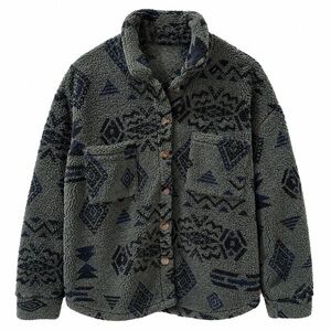 Aztec Sherpa Shacket Jacket Olive Green Navy Button-Front Cozy Fleece Small